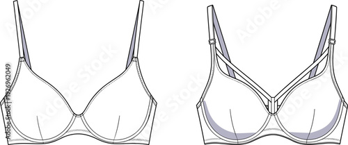 WebTechnical flat sketch of women's underwire bra front and back view, lingerie design template, fashion cad drawing, apparel vector illustration.
