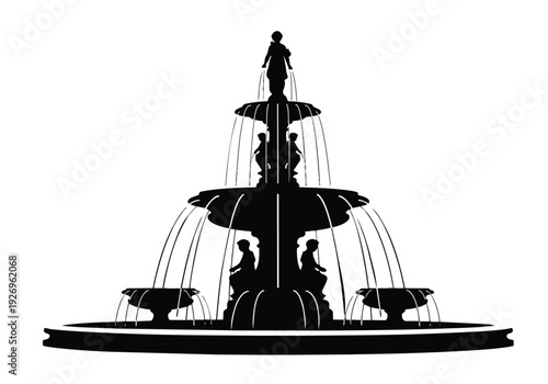 Classical tiered fountain silhouette with statues. Ornate water feature for gardens and public spaces. Elegance and traditional design concept.