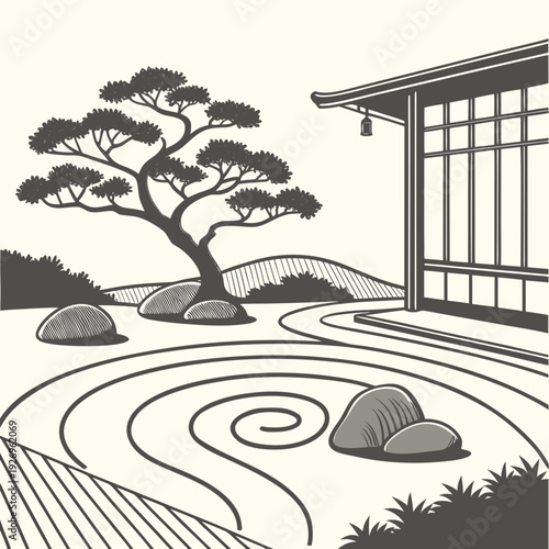 Tranquil Japanese Zen Garden with Pine Tree, Rocks, and Raked Gravel Path