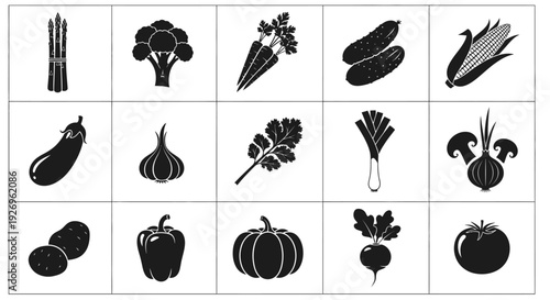 Collection of assorted vegetable icons in black and white grid layout for design