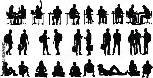 People silhouette collection, office workers students and casual poses set isolated on white background vector illustration