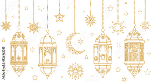 Golden Ramadan lanterns and stars vector illustration with intricate line art patterns hanging on white background for Eid Mubarak.