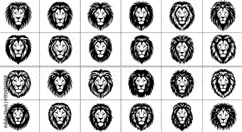 Collection of various lion head illustrations in black and white different expressions isolated on white background set of 20 drawings