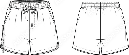 WebTechnical sketch of men's casual drawstring shorts with elastic waistband, side pockets, and small side slits, front and back view