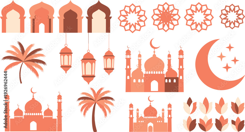 Fototapeta premium Islamic design element set with terracotta mosque silhouettes lanterns palm trees crescent moon and geometric patterns on white background.