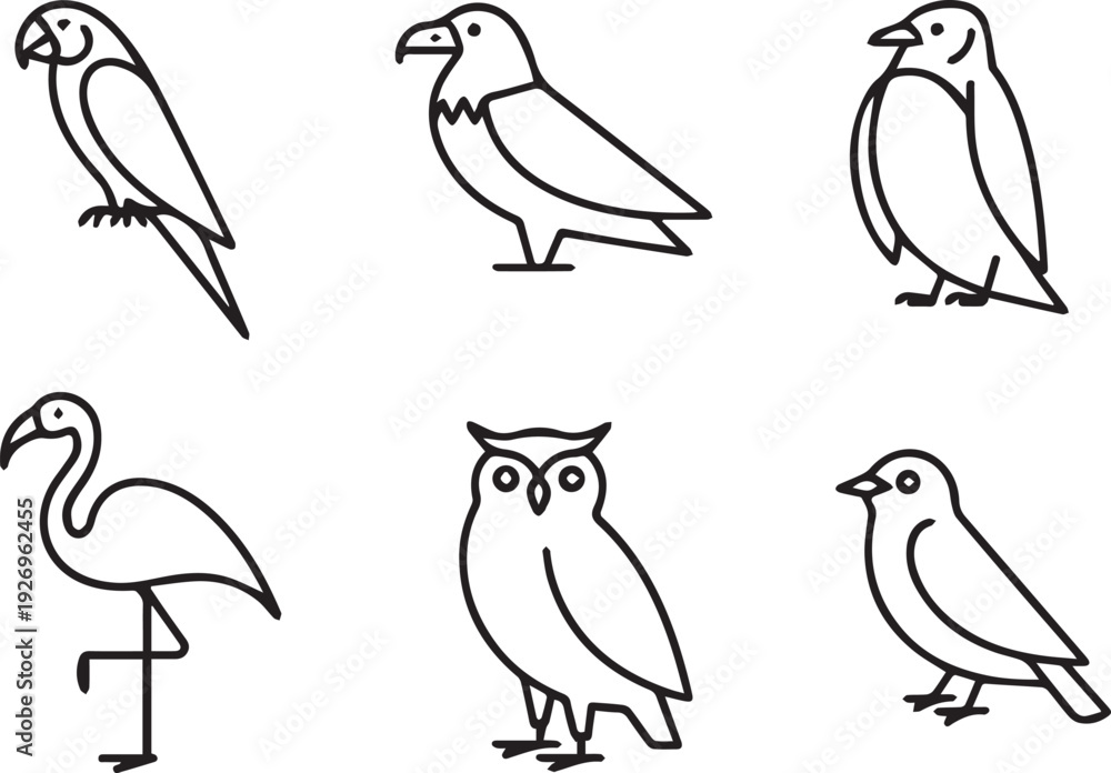 Obraz premium Set of Line Art Birds in Minimal Outline Style, Hand Drawn Bird Silhouettes, Simple Nature Animal Illustration Collection