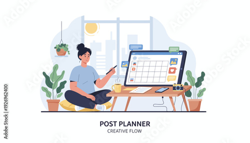 Flat vector illustration of a creative professional efficiently managing digital content and scheduling tasks on a laptop, depicting organized workflow and high productivity