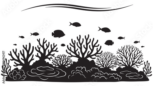 Coral Reef Landscape With Fish Silhouettes And Ocean Wave Line — Black Solid Vector Illustration For Marine Ecosystem And Underwater Biodiversity