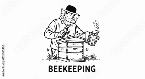Beekeeper in protective gear tending to a stacked beehive with a smoker and bees nearby
