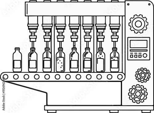 Automated filling machine processing liquid in bottles on a conveyor belt