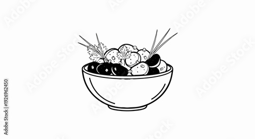 Black and white illustration of a bowl filled with mixed olives and potato salad