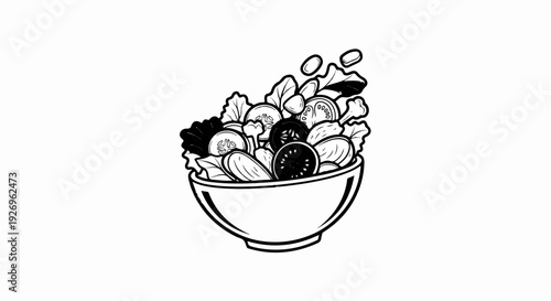 Black and white illustration of a fresh salad in a bowl with splashing droplets