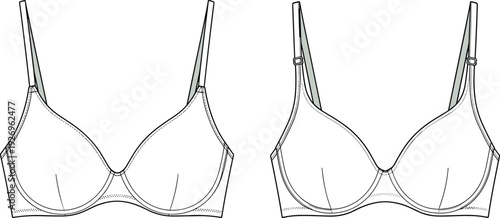 WebTechnical flat sketch of women's underwire bra front and back view, lingerie design template, fashion cad drawing, apparel vector illustration.
