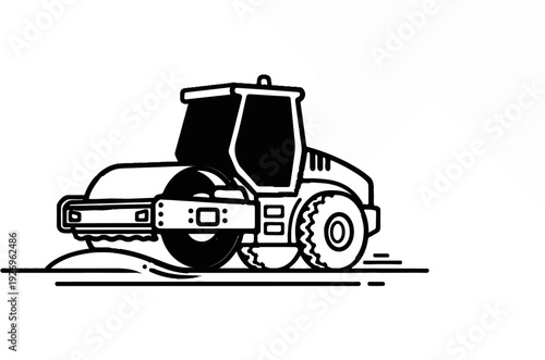 Black and white illustration of a road roller compacting the ground
