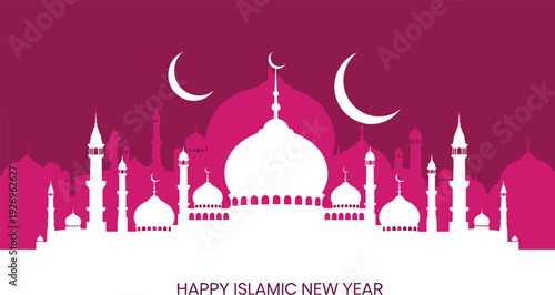 Happy Islamic New Year horizontal banner with white mosque architecture silhouettes and crescent moons on a magenta pink background.