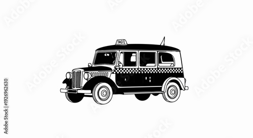 Classic black and white line art of a vintage taxi cab with checkerboard detail