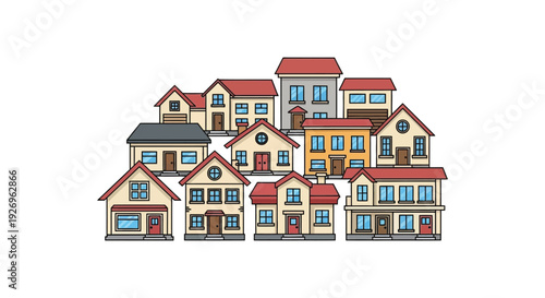 A colorful illustration depicts a clustered village of houses with varying architectural styles a charming silhouette high quality professional detailed modern