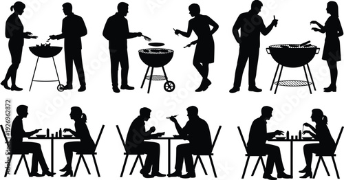 Barbecue silhouettes, dining silhouettes, people eating, social gathering, food interaction, leisure activity, outdoor cooking, communal dining, friendship, celebration