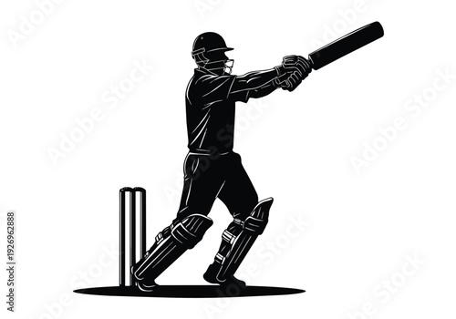 Cricket batsman silhouette in batting stance. Dynamic player with bat and stumps. Sport, game, and competition concept.
