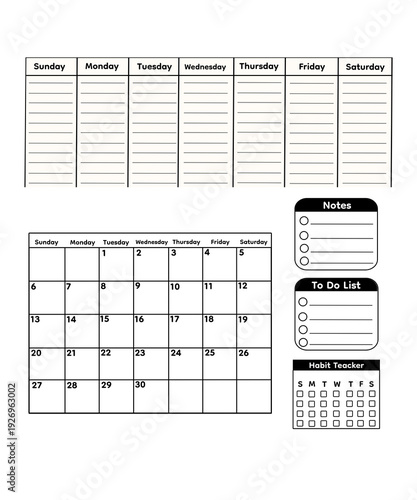 September 2026 Minimalist Black and White Monthly Calendar Planner with Notes, To Do List and Habit Tracker – Clean Professional Layout on Transparent Background for Printable Planning