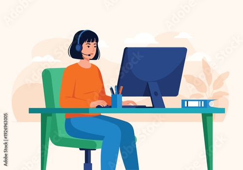 Illustration of customer service representative wearing headset and working on computer at desk in an office setting