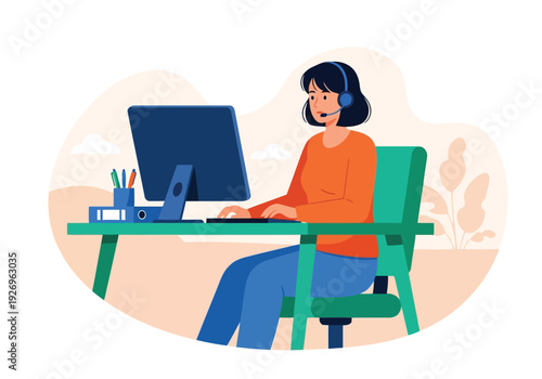 Illustration of customer service representative wearing a headset and working on a computer at a desk in an office environment, remote work concept