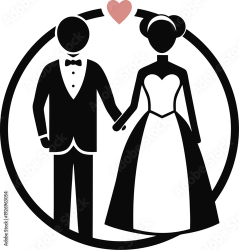 "wedding day vector icon, bride and groom holding hands silhouette, black filled shape, elegant pose, no rings or jewelry, clean sharp lines, white  background, minimalist single icon