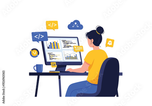 Illustration of programmer or developer working on a computer with code and charts on the screen, data analysis and software development concept