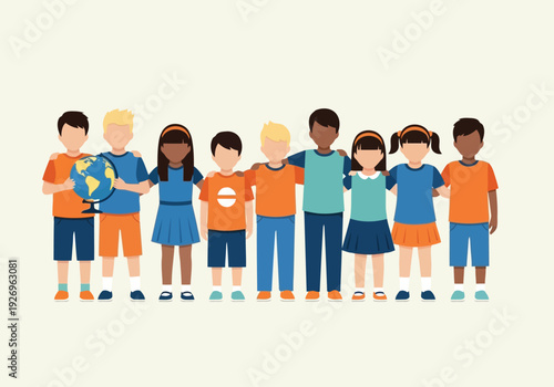 Illustration of diverse group of children holding a globe, representing global unity and education