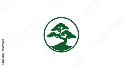 Green Bonsai Tree Emblem in Circle, Minimalist Design