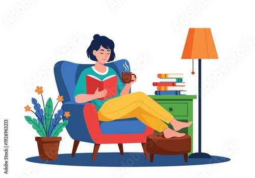 Illustration of woman reading a book and drinking coffee in a cozy armchair, relaxation and leisure concept