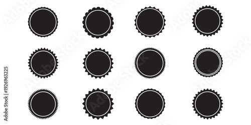 Vector set of black vintage seals, collection of round badge labels and blank promotional stamps for certificate and product marketing.