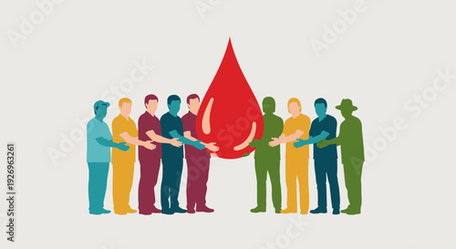 Diverse people unite to hold a large red blood drop, symbolizing donation