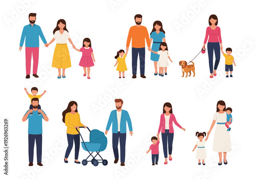 Illustration of collection of diverse families and individuals in various poses, representing different family structures and relationships
