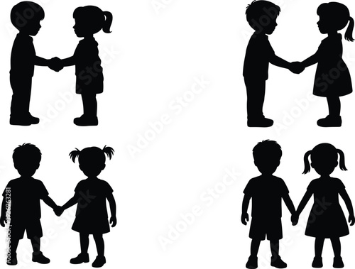 Children silhouettes shaking hands, holding hands, friendship concept, social interaction, kids companionship, childhood bonding, teamwork, unity, cooperation, togetherness