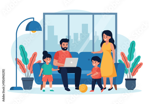 Illustration of family spending time together at home, father working on laptop while mother plays with children in the living room