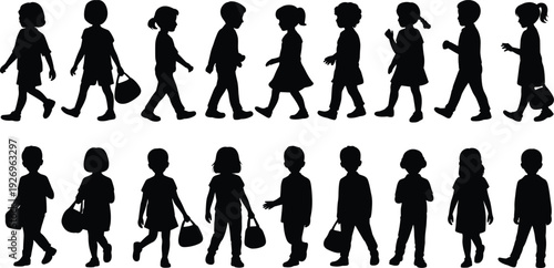 Children walking silhouettes, side profile, carrying bags, diverse clothing, posture variation, hairstyle differences, youth movement, child design, illustration art