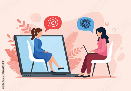 Illustration of online therapy session with a psychologist and patient discussing mental health issues and emotional problems with speech bubbles showing confusion and stress