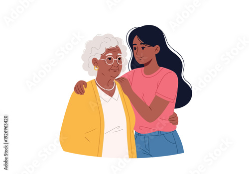 Illustration of young woman comforting and supporting an elderly woman with her arm around her shoulder, showing care and intergenerational connection