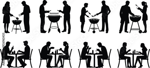 Cooking and dining silhouettes, barbecue grills, seated dining pairs, food preparation, eating together, social interaction, communal activity, illustration design