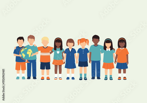 Illustration of diverse group of children standing together, holding a globe, representing global unity, education, and international friendship among kids