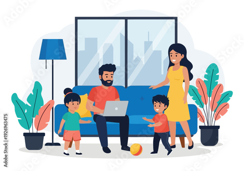Illustration of family enjoying time together at home with parents working on laptop and children playing, illustrating modern family life and worklife balance