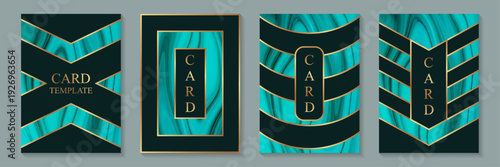 Teal green liquid marble backgrounds with golden geometric elements. Wedding invitations, greeting cards, business templates.