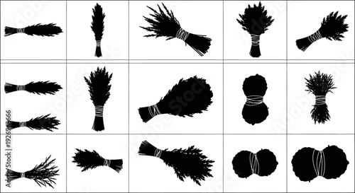 Collection of various whisk broom silhouettes on white background for cleaning and sweeping concepts