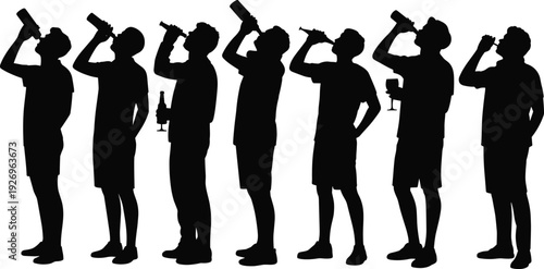 Drinking silhouettes illustration set, beverage container vector artwork, lifestyle design graphics, casual refreshment icons collection, hydration symbol