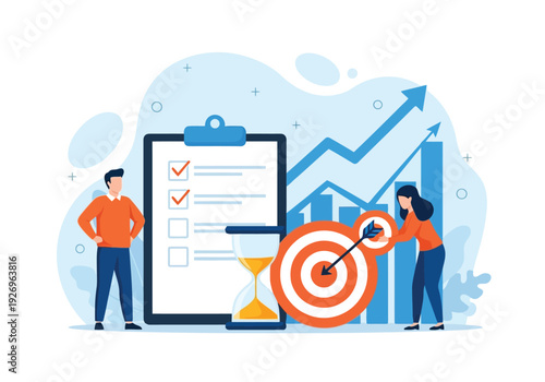 Illustration of business people working on a project with a checklist, hourglass, and target, representing planning, strategy, and goal achievement with a growing graph in the background