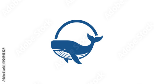 Blue whale logo in circle, marine mammal icon, vector illustration