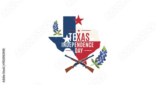 Texas Independence Day Emblem with Rifle and Flowers.