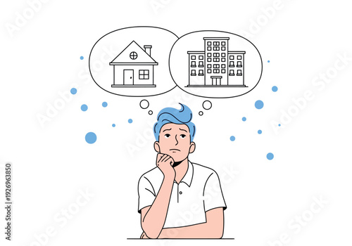 Illustration of man thinking with a thought bubble showing a house and an apartment building, symbolizing a decision between home ownership and renting or choosing a place to live