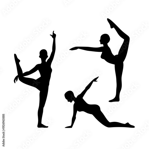 Three elegant women performing dynamic yoga poses in harmony